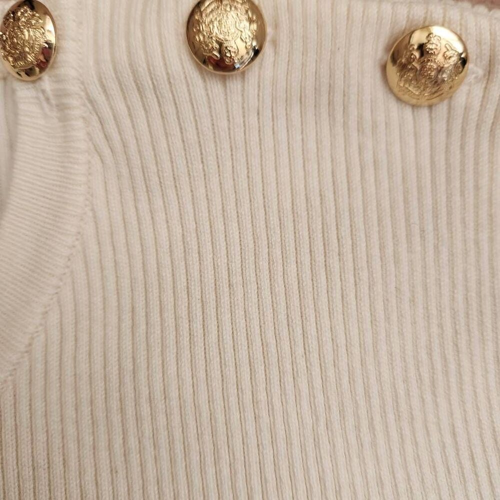 Lauren Ralph Lauren Sweater Womens XL Button Trim Ribbed Gold Ivory Puff Sleeve - Picture 6 of 7